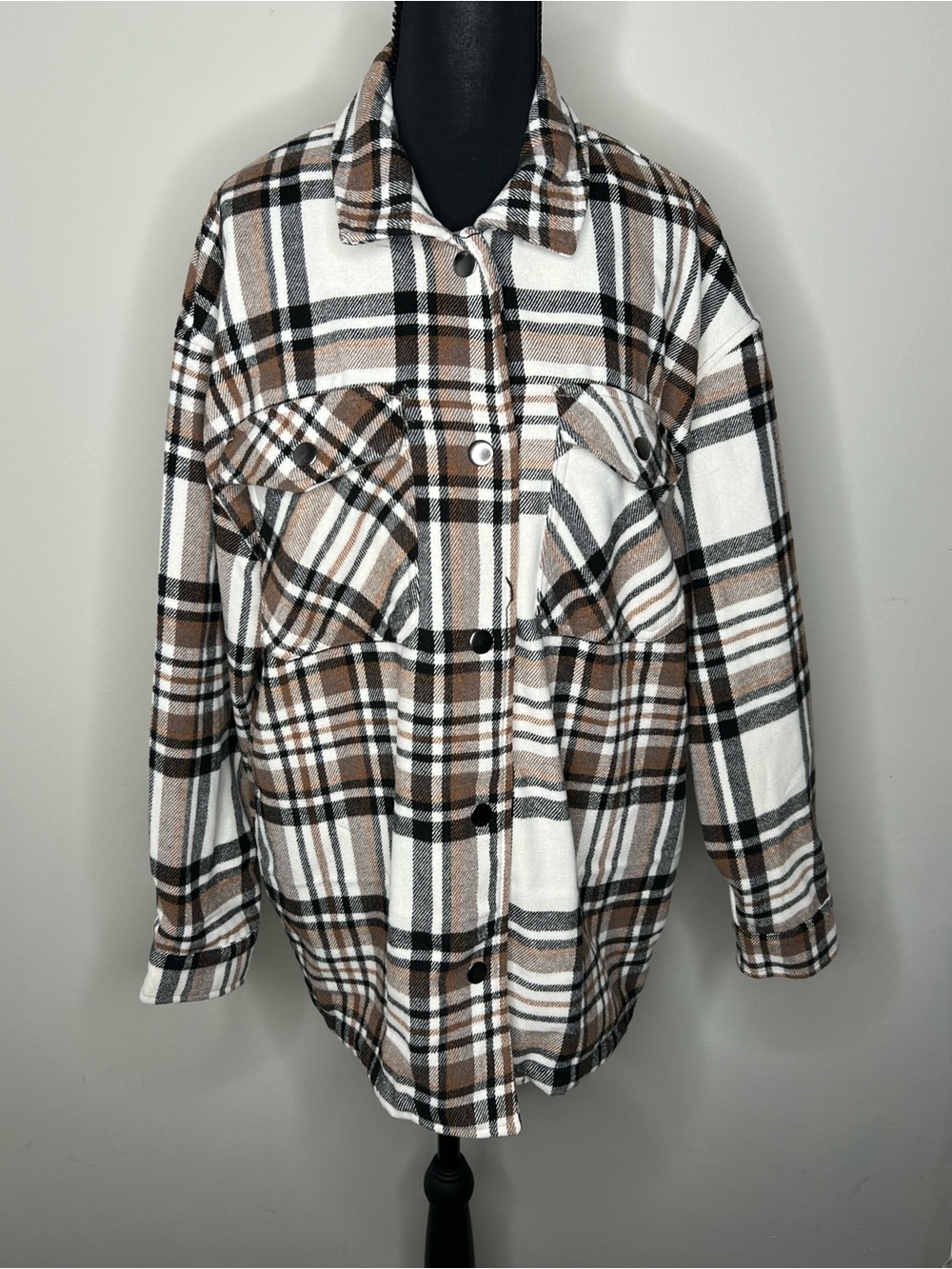 HFX Plaid Brown & White Fall Cozy Men’s Small Oversized Fit Layering Shirt Jacke